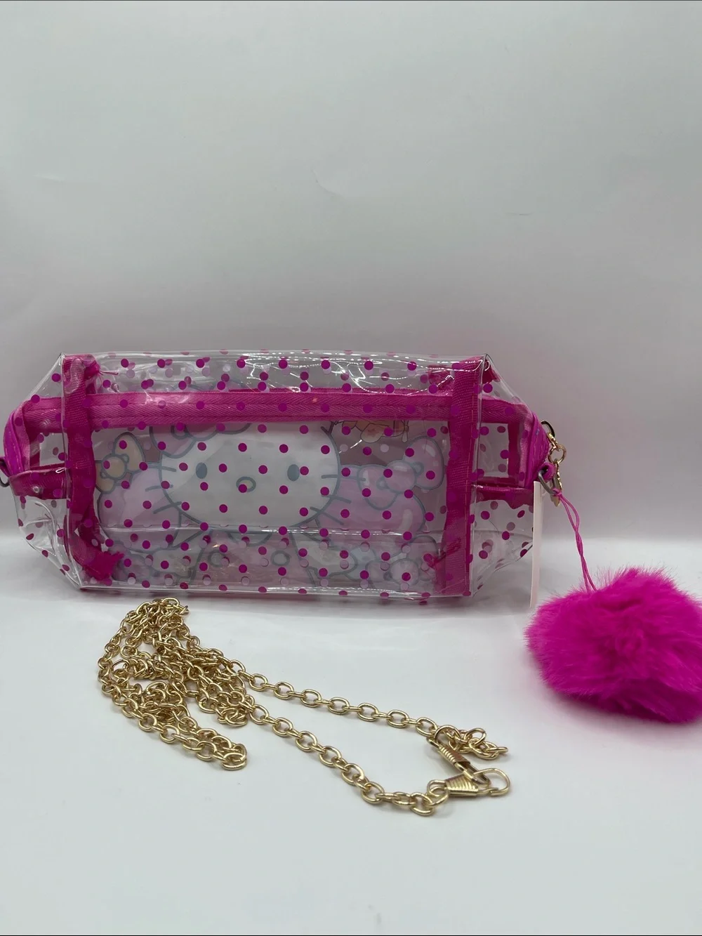 Hello Kitty Clear Pink Vinyl Bag with Pom Pom & Chain